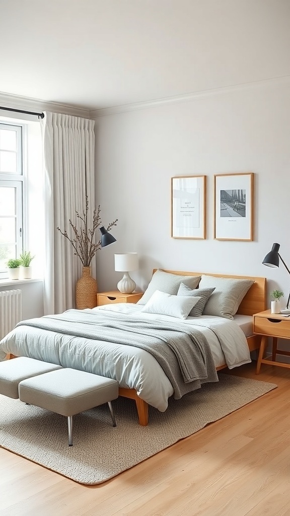 A sleek Scandinavian bedroom featuring a wooden bed, light linens, and minimal decor.