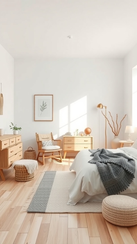 9 Stunning Bedroom Design Ideas to Transform Your Space 17 A minimalist Scandinavian bedroom featuring light wood furniture, a cozy blanket on the bed, and natural light streaming in.