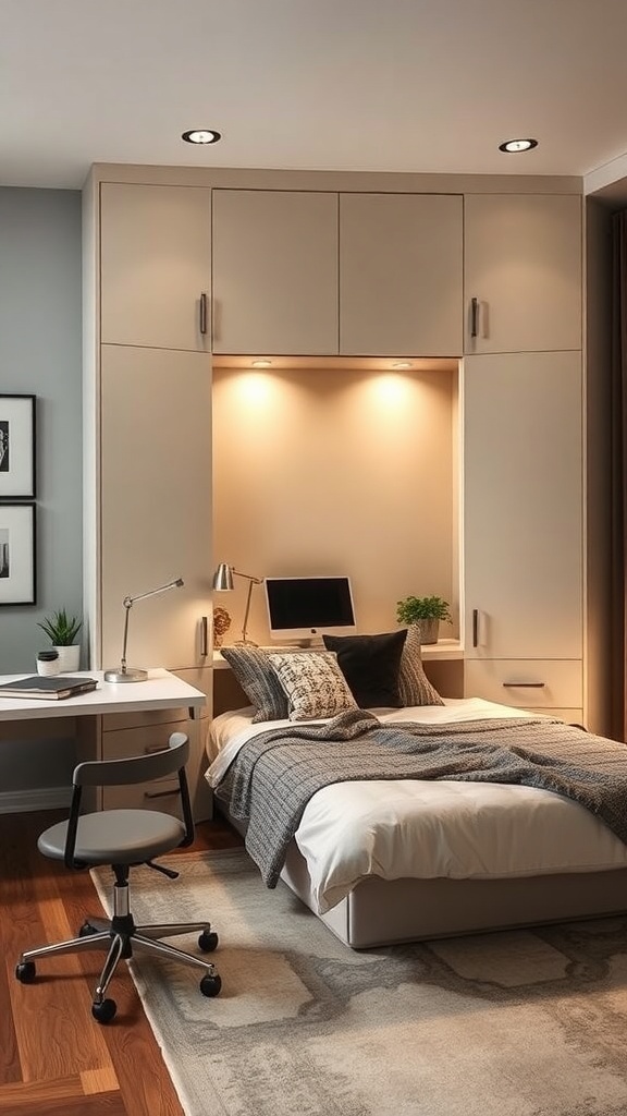 17 Stylish Home Office Guest Room Combos for Ultimate Efficiency 18 A modern home office with a Murphy bed design, featuring a desk, chair, and cozy bedding.