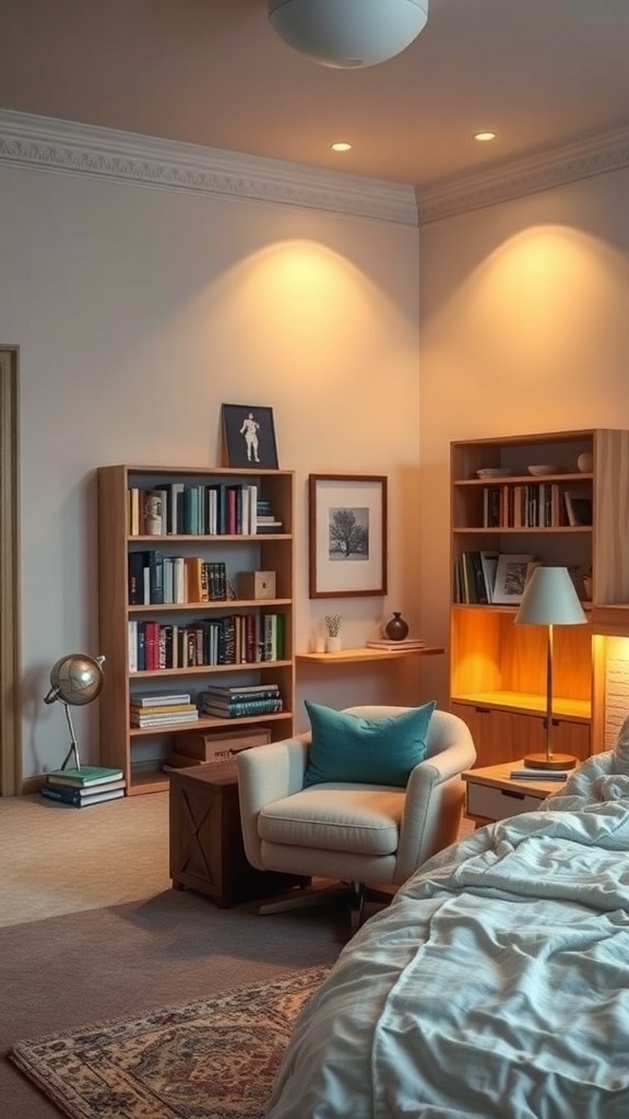 11 Chic Bedroom Ideas for Grown Women 20 Cozy reading nook with a comfortable chair, bookshelves, and warm lighting.