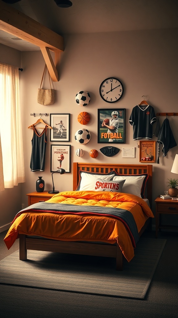 10 Stylish Bedroom Ideas Every Man Will Love 18 A sporty bedroom featuring orange bedding, sports memorabilia, and a cozy atmosphere.