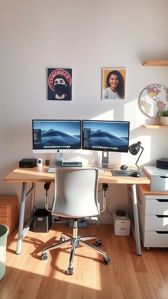 12 Inspiring Home Office Layout Ideas for Ultimate Productivity 15 A modern home office with a dual monitor setup, featuring a clean desk, ergonomic chair, and personal artwork on the walls.