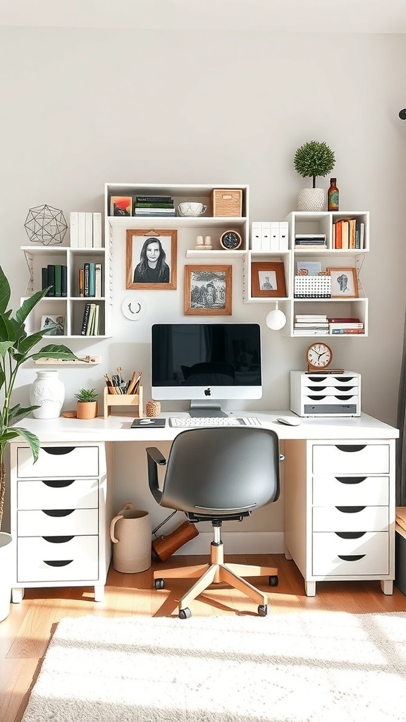11 Essential Tips for Organizing Your Home Office for Maximum Productivity 4 A well-organized home office desk with storage solutions, including shelves and drawers.