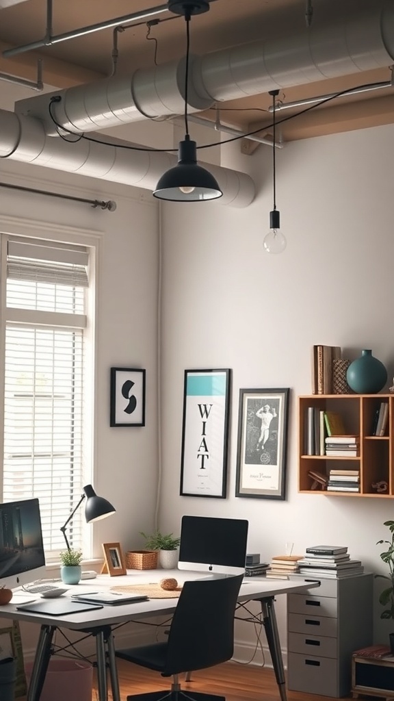 15 Stylish Moody Home Office Ideas for Ultimate Productivity 26 A stylish home office with layered lighting, featuring a desk lamp, pendant lights, and natural light from a window.