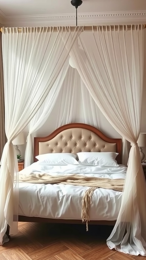 14 Cozy Bedroom Ideas to Transform Your Space 18 A cozy bedroom featuring a canopy bed with soft drapes and warm bedding.