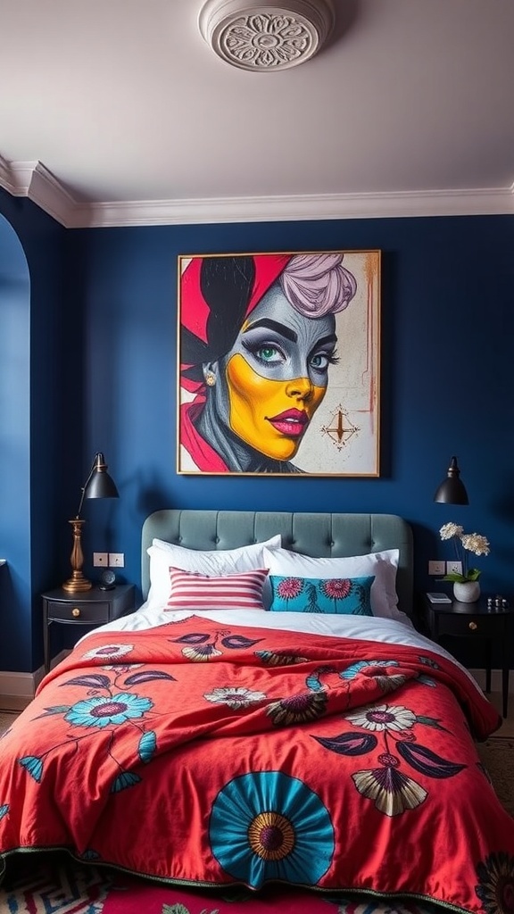 15 Inspiring Bedroom Ideas to Transform Your Space 20 A bedroom with deep blue walls, vibrant red bedding, and colorful artwork.