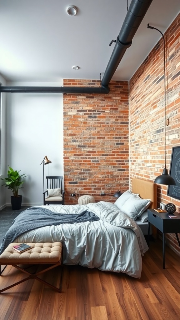15 Inspiring Bedroom Ideas to Transform Your Space 17 A modern industrial loft bedroom featuring a brick wall, cozy bed, and stylish decor.