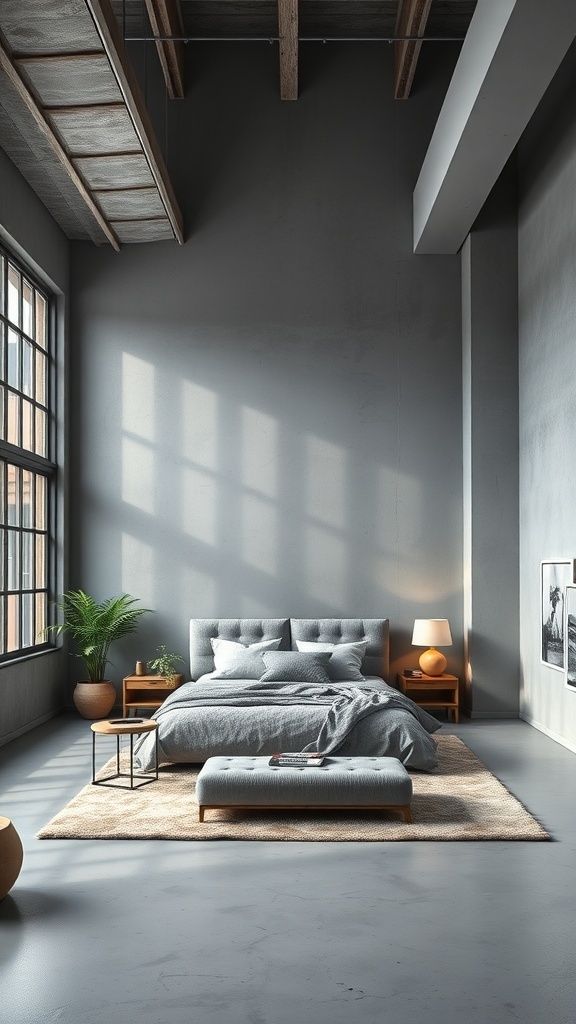 16 Stunning Grey Bedroom Ideas to Transform Your Space 25 A spacious urban loft bedroom with grey walls, large windows, and cozy furnishings.
