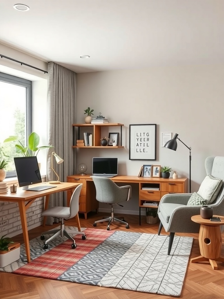 18 Stylish Modern Home Office Ideas to Inspire Your Space 34 A modern home office with two desks, ergonomic chairs, and a cozy reading nook.