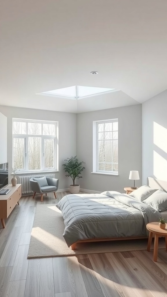 16 Stunning Grey Bedroom Ideas to Transform Your Space 20 A sleek modern bedroom featuring grey tones, large windows, and minimalist furniture.
