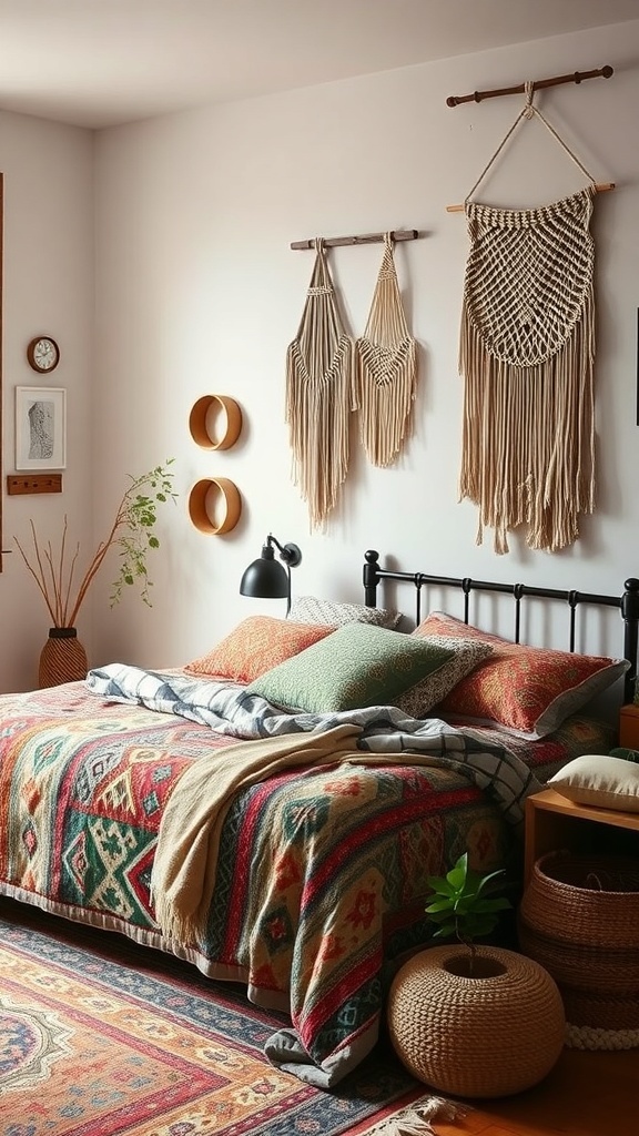 11 Stunning Bedroom Decor Ideas to Transform Your Space 19 A cozy bedroom featuring a patterned blanket, macramé wall hangings, and earthy decor.