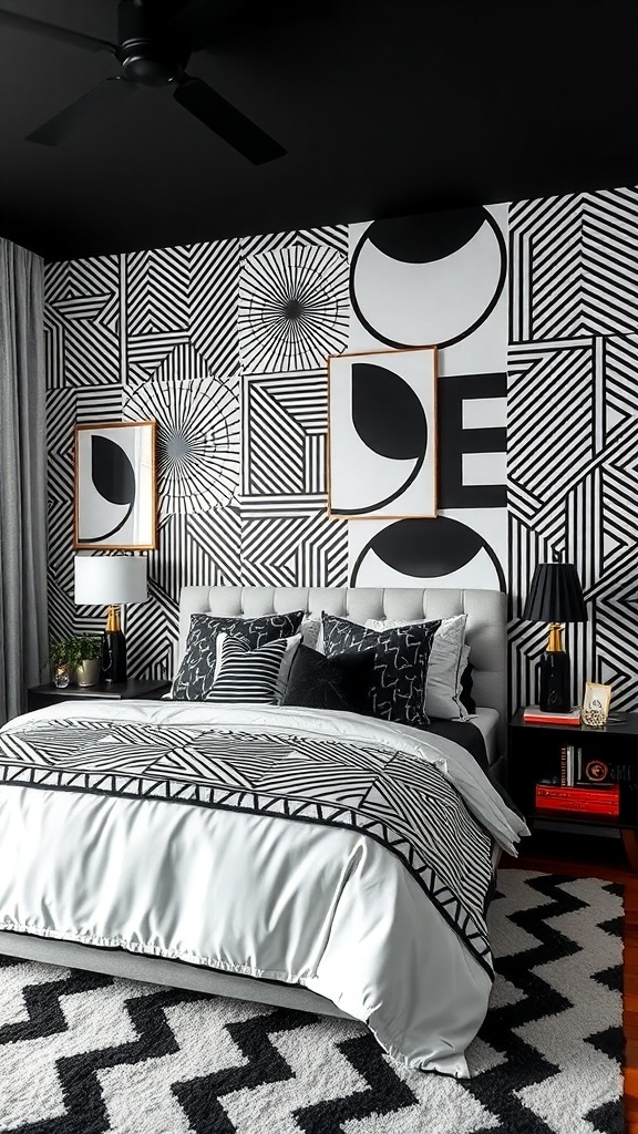 A stylish black and white bedroom featuring bold geometric patterns on the walls and bedding.