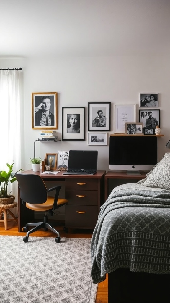17 Stylish Home Office Guest Room Combos for Ultimate Efficiency 26 A cozy home office guest room combo with framed photos, a desk, and a bed.