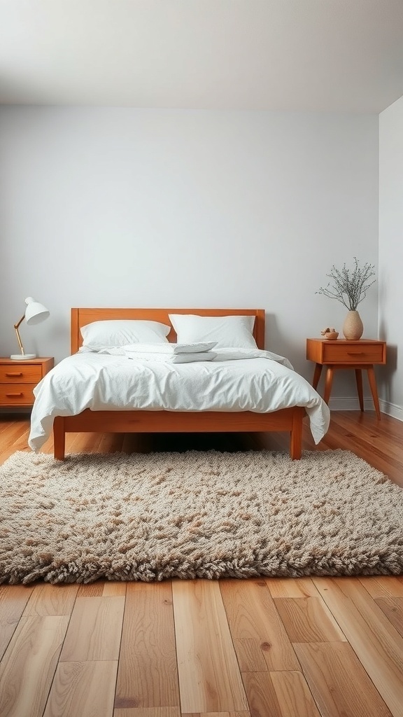 15 Cute Bedroom Ideas to Elevate Your Space 26 A cozy bedroom featuring a soft area rug under a wooden bed and nightstand.