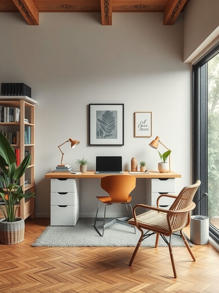 18 Stylish Modern Home Office Ideas to Inspire Your Space 27 A modern home office featuring sustainable materials, with a wooden desk, woven chair, and plants.