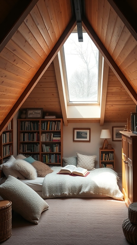 10 Cozy Attic Bedroom Ideas You’ll Love 13 Cozy attic reading nook with skylights, bookshelves, and soft pillows.
