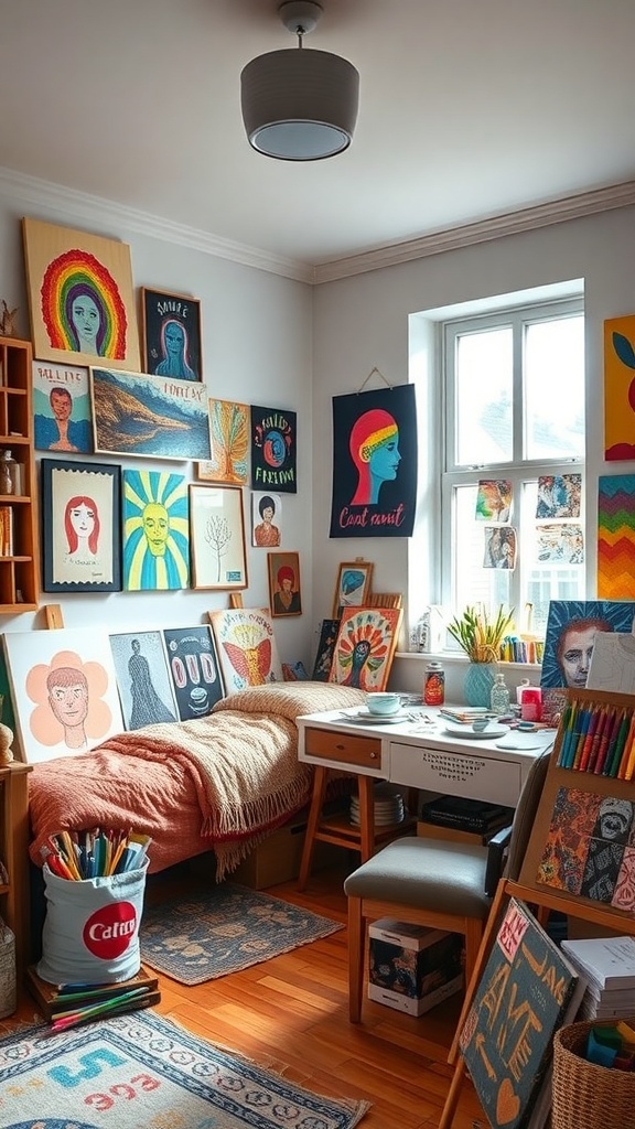 12 Creative Boys Bedroom Ideas for a Fun and Stylish Space 23 A cozy artistic studio filled with colorful artwork, art supplies, and a comfortable seating area.