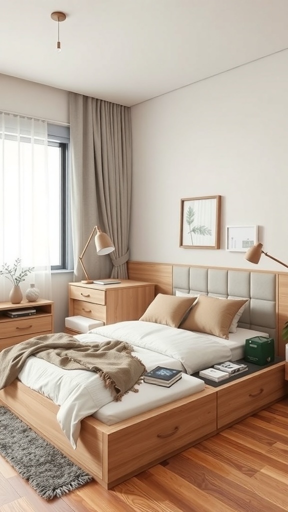 14 Cozy Bedroom Ideas to Transform Your Space 20 A cozy bedroom featuring a wooden bed with storage drawers, bedside tables, and soft curtains.