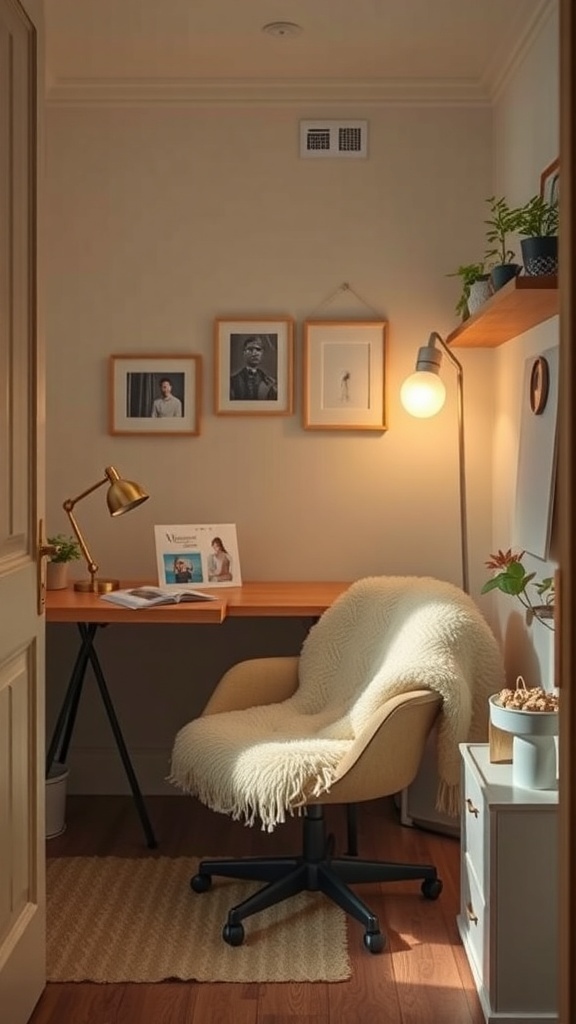 15 Stylish Moody Home Office Ideas for Ultimate Productivity 18 A cozy home office nook featuring a wooden desk, a plush chair with a throw, and warm lighting.