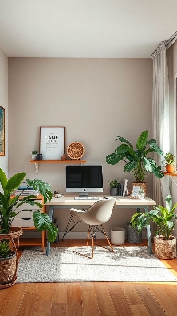 15 Stylish Moody Home Office Ideas for Ultimate Productivity 19 A cozy home office featuring earthy tones, a desk with a computer, and various green plants.