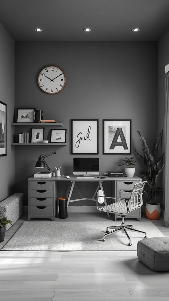 14 Inspiring Paint Colors for Your Home Office Makeover 10 A modern home office with gray walls, a stylish desk, and contemporary decor.