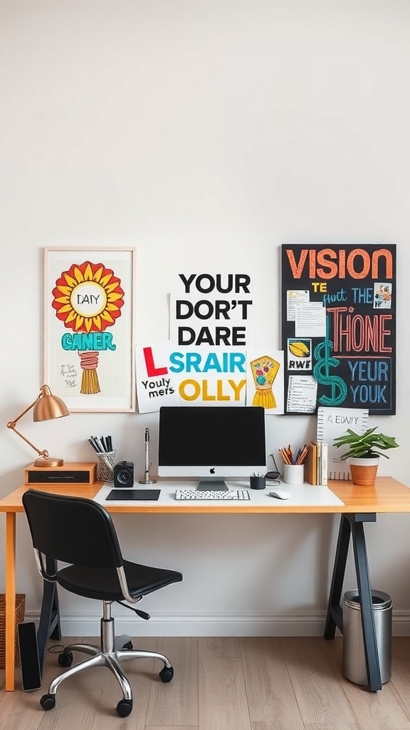 A cozy desk setup featuring colorful wall art and a vision board, designed to inspire creativity and motivation.