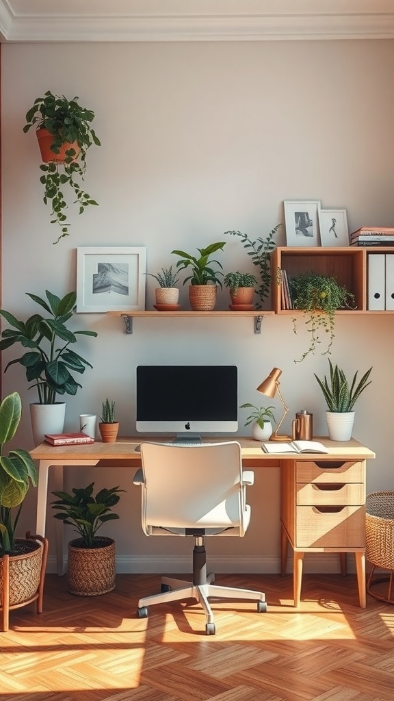 12 Stylish Home Office Ideas for Women 5 A nature-inspired home office with plants, a desk, and a computer.