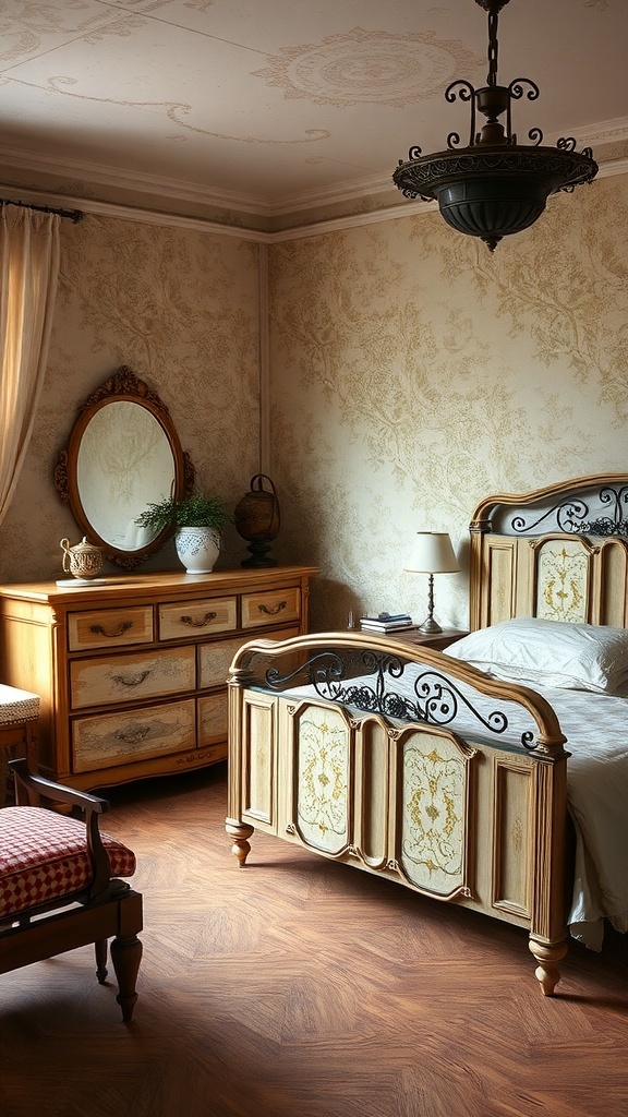 15 Cute Bedroom Ideas to Elevate Your Space 21 A vintage-inspired bedroom featuring a wooden bed with intricate designs, a matching dresser, and a vintage mirror, all set against elegant wallpaper.