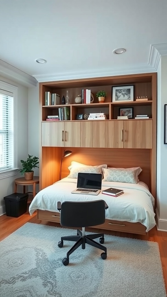 12 Stylish Home Offices Featuring Murphy Beds for Multi-Functional Spaces 13 A home office featuring a Murphy bed, a desk with a laptop, and shelves with books and plants.