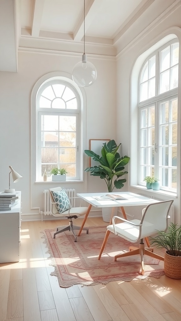 14 Inspiring Paint Colors for Your Home Office Makeover 14 A bright home office with large windows, light walls, a simple desk, and plants.