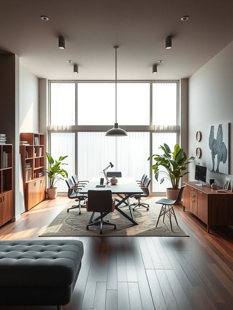 18 Stylish Modern Home Office Ideas to Inspire Your Space 33 A modern home office with a large table, comfortable chairs, bookshelves, and plants, designed for collaboration.