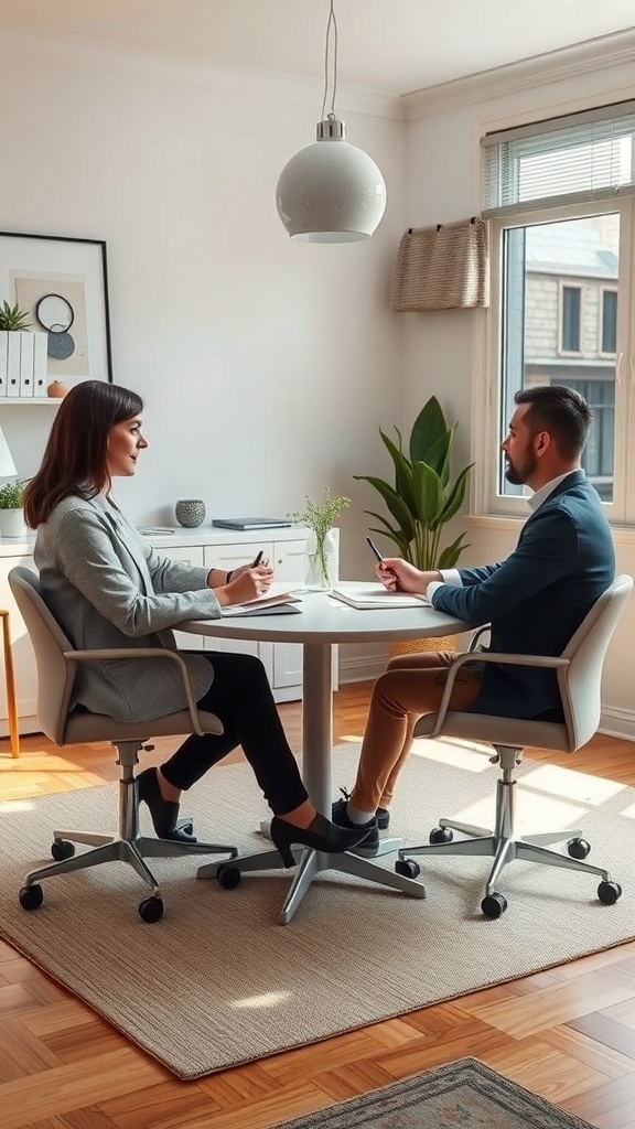 10 Stylish His and Her Office Spaces for Your Home 6 Two professionals in a collaborative meeting space discussing ideas at a round table.