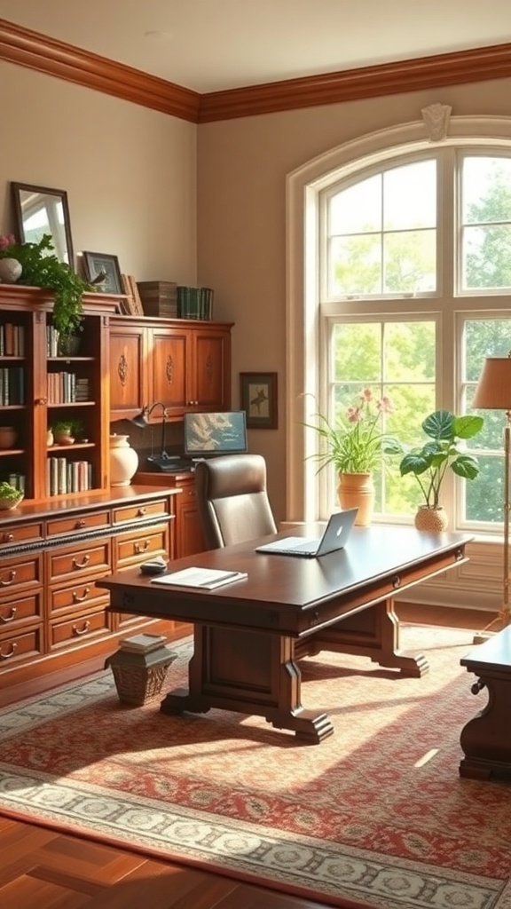 12 Inspiring Home Office Layout Ideas for Ultimate Productivity 21 A traditional home office featuring a wooden desk, comfortable chair, bookshelves, and plants, illuminated by natural light.