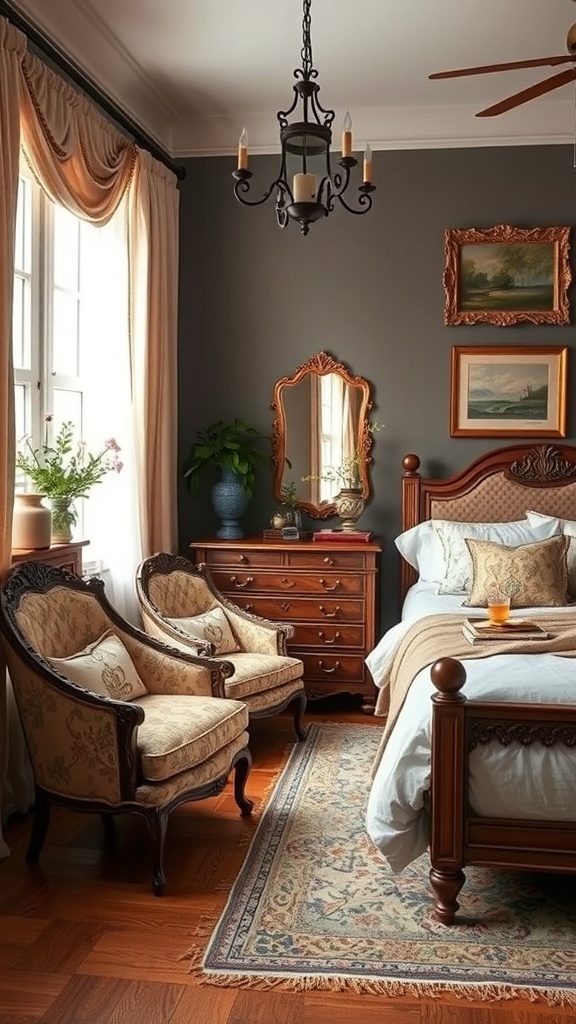 11 Chic Bedroom Ideas for Grown Women 14 A vintage-style bedroom featuring a wooden bed, elegant chairs, and warm curtains.