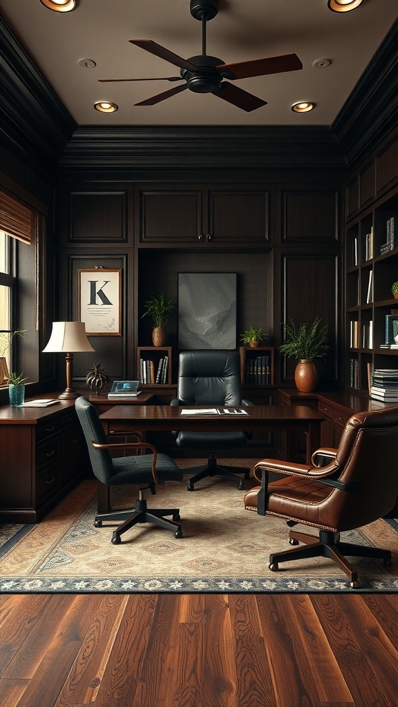 17 Inspiring Home Office Ideas for Men 22 A stylish home office featuring dark wood paneling, a large desk, leather and black office chairs, bookshelves, and plants.