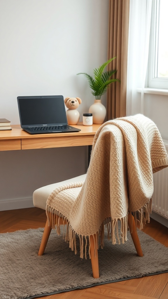 A cozy desk setup featuring a knitted throw on a chair, a plush rug, a laptop, a teddy bear, and a potted plant.