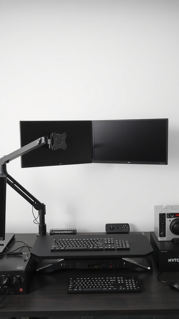 13 Essential Items for the Perfect Double Monitor Setup in Your Home Office 6 A dual monitor setup with adjustable arms, a keyboard tray, and organized cables on a sleek desk.