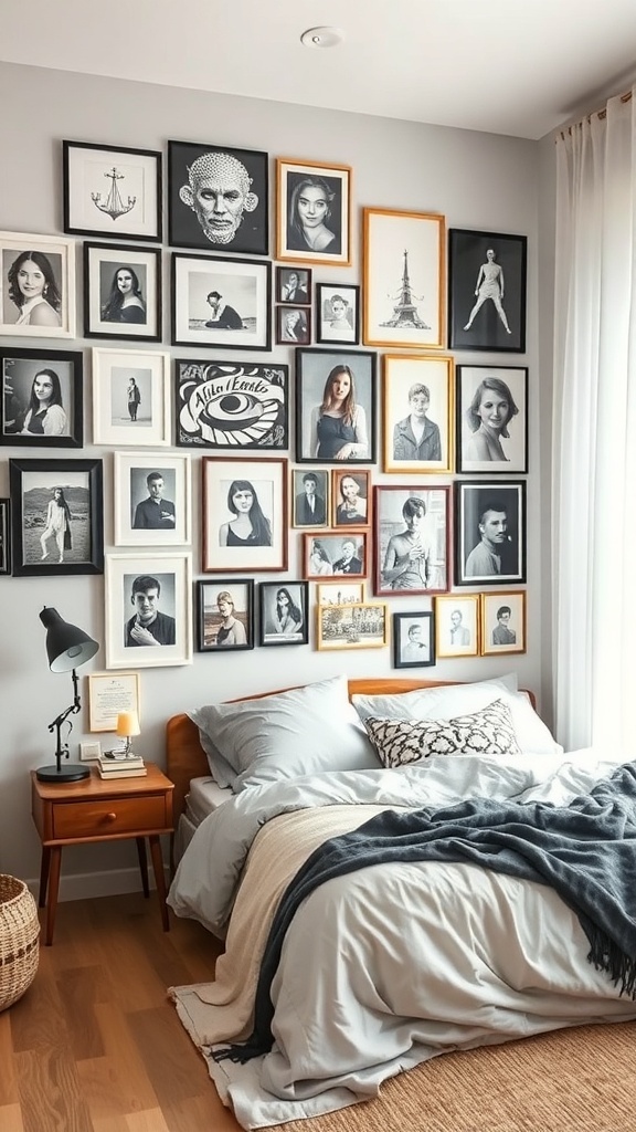 11 Stunning Bedroom Decor Ideas to Transform Your Space 16 A stylish bedroom featuring a gallery wall with various framed photos and artwork.