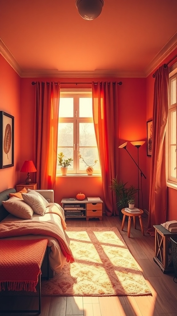 14 Cozy Bedroom Ideas to Transform Your Space 16 A cozy bedroom with warm orange walls, soft bedding, and natural light.