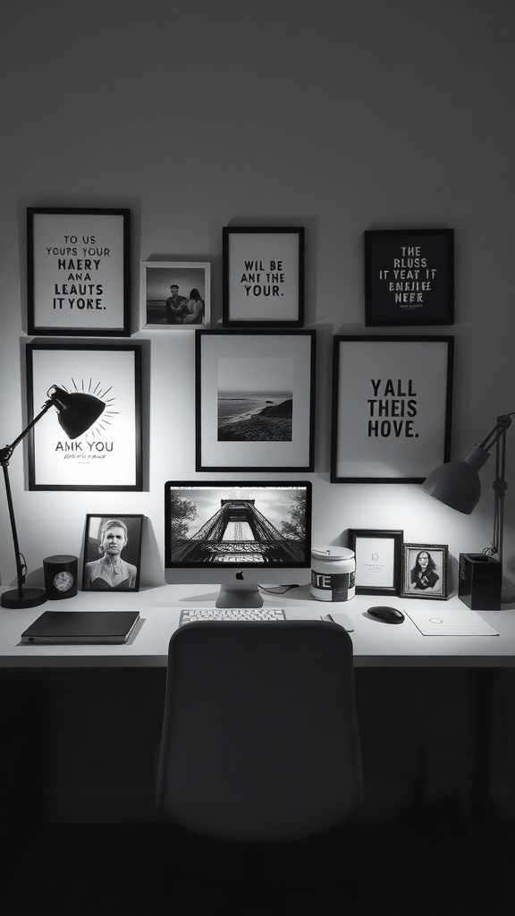A cozy desk setup with personalized decor, including framed photos and motivational quotes.