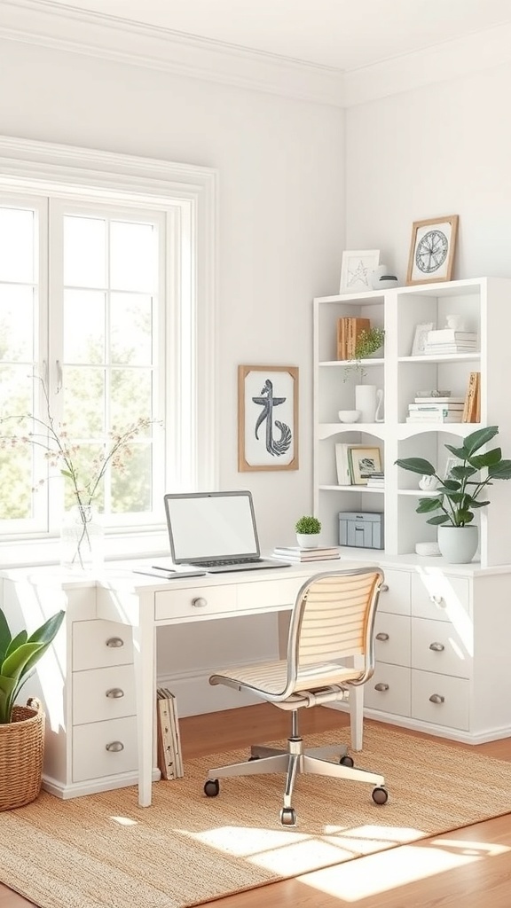 17 Inspiring Home Office Ideas for Men 32 A bright and airy home office with a white desk, a laptop, and coastal-themed decor.