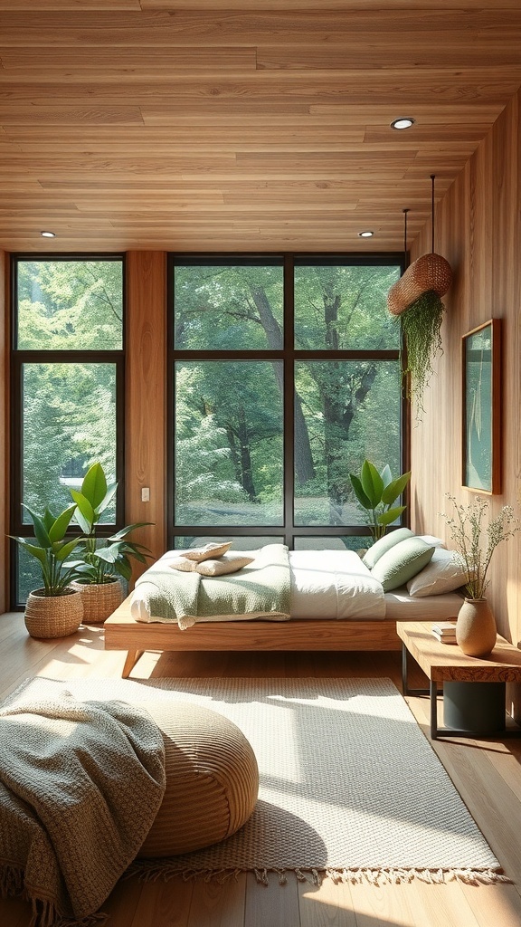 11 Chic Bedroom Ideas for Grown Women 13 A serene bedroom with large windows, wooden elements, plants, and soft textures.