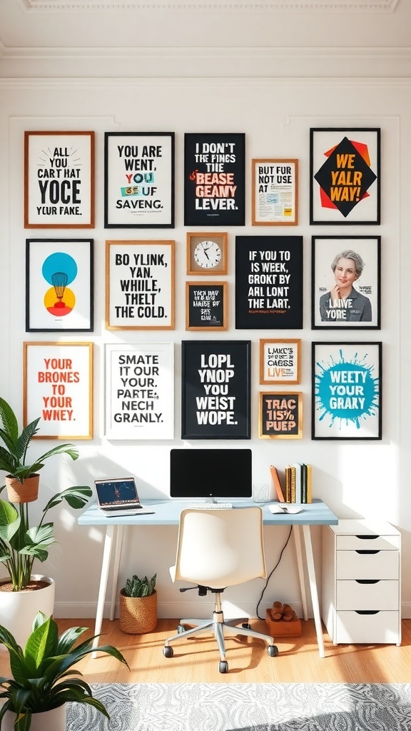 11 Inspiring Home Office Decor Ideas for a Productive Workspace 8 A colorful wall art display featuring various framed prints with playful phrases and designs in a home office setting.