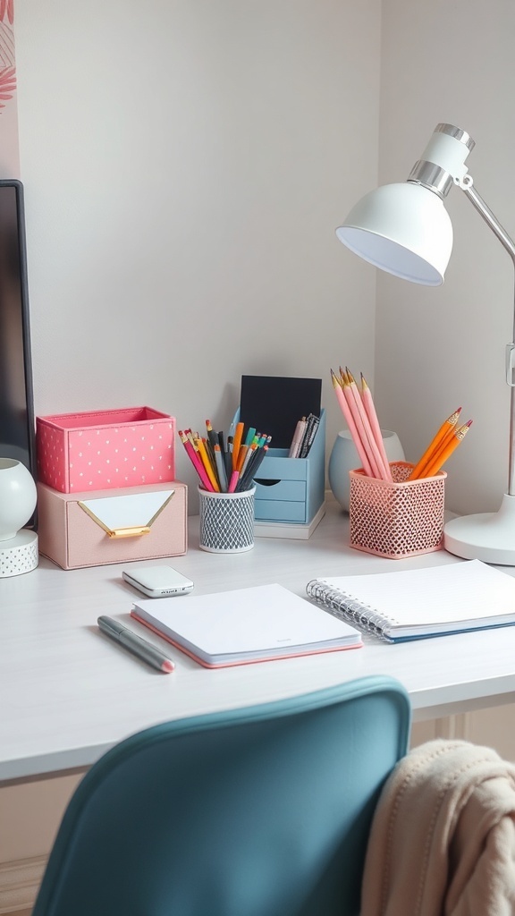 A cozy desk setup featuring colorful organizational tools, a lamp, and stationery.