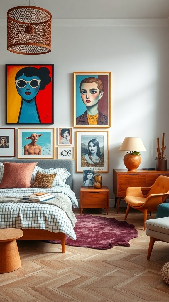 10 Stylish Bedroom Ideas Every Man Will Love 20 A stylish bedroom featuring a mix of colorful artwork on the walls, a cozy bed with patterned bedding, and modern furniture.
