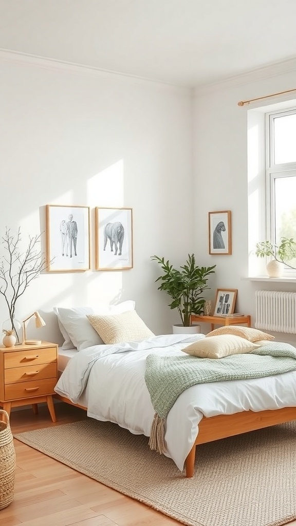 13 Stylish Bedroom Ideas to Transform Your Space 20 A bright Scandinavian style bedroom featuring wooden furniture, white linens, and green accents.