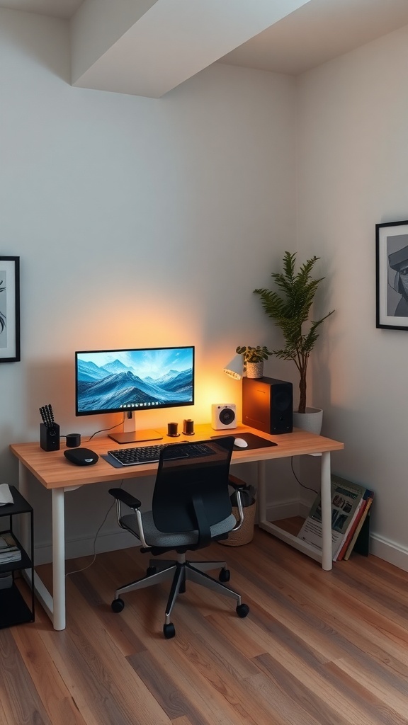 13 Essential Items for the Perfect Double Monitor Setup in Your Home Office 9 A home office setup featuring a double monitor, a comfortable chair, and a stylish desk with a warm lamp and a plant.