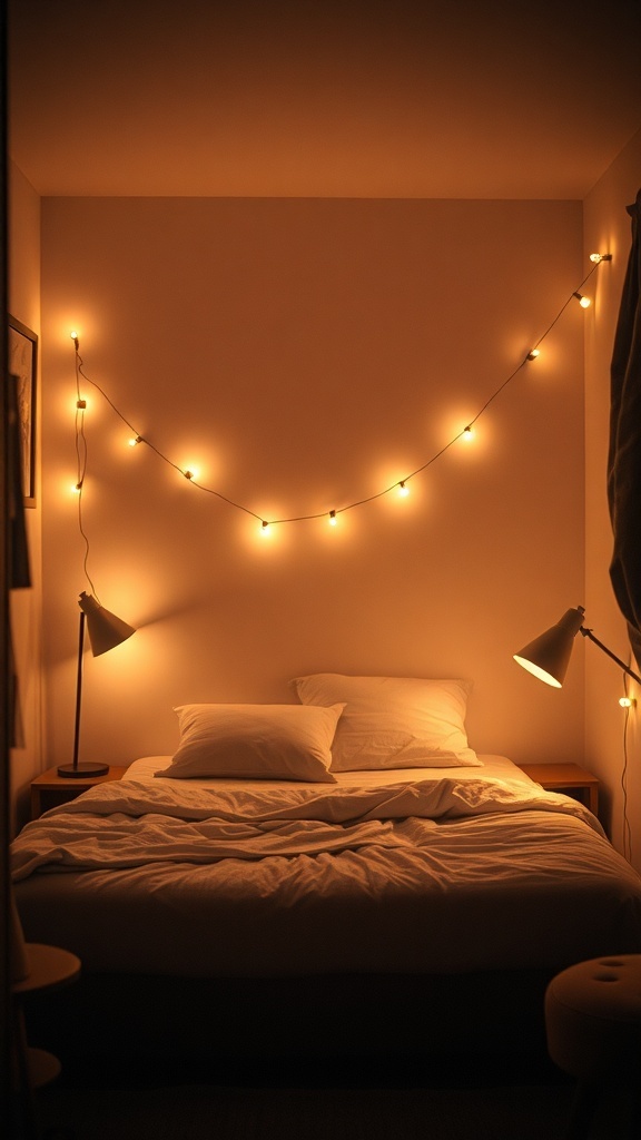 10 Creative Small Bedroom Ideas to Maximize Space 13 A cozy small bedroom with warm string lights and bedside lamps creating a welcoming atmosphere.