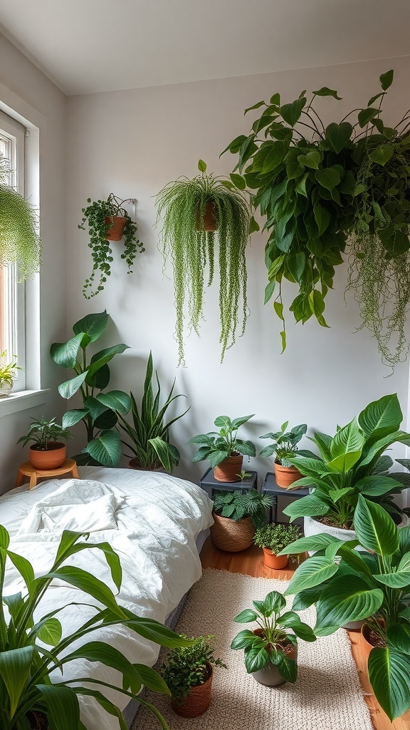 12 Inspiring Green Bedroom Ideas for a Refreshing Retreat 20 A cozy bedroom filled with various indoor plants, showcasing a mix of hanging and potted greens.