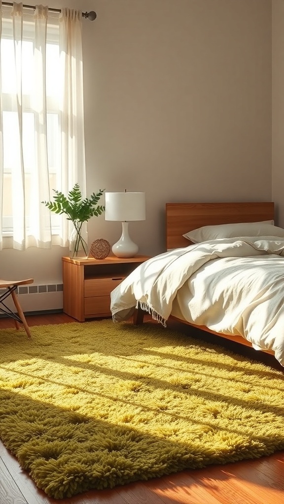 12 Inspiring Green Bedroom Ideas for a Refreshing Retreat 22 A cozy bedroom featuring a textured green rug, wooden furniture, and natural light.